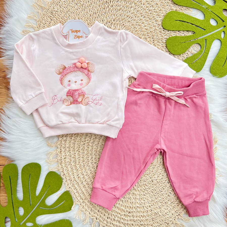 Conj. Casaco Ursinha Baby Girl e Calça de Moletom - Rosa Bebê